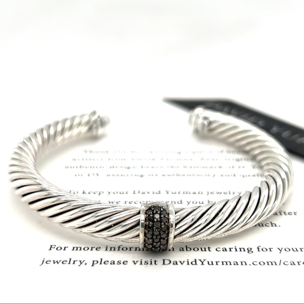 David Yurman 7 MM Large Cable Classic Silver Bracelet Bangle Black Diamond DY